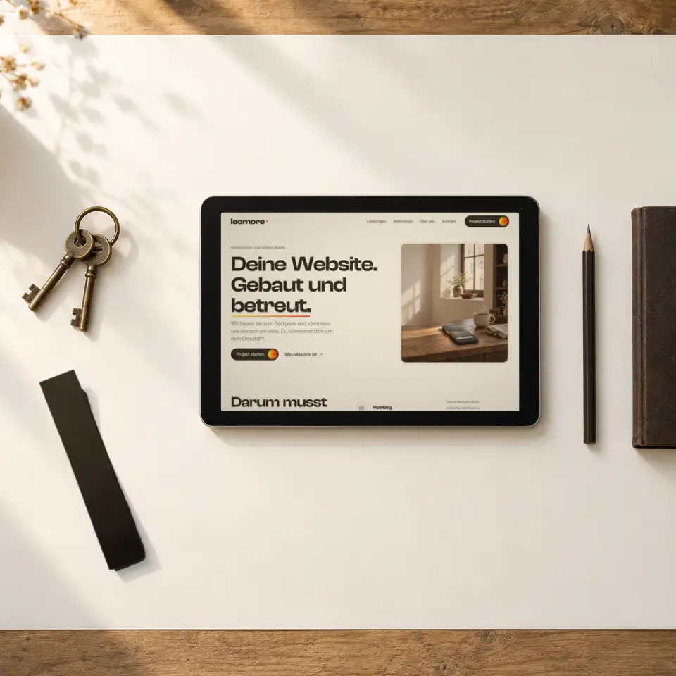 Tablet mit Website-Entwurf, Schlüssel und Notizbuch ordentlich auf Papier angeordnet.
