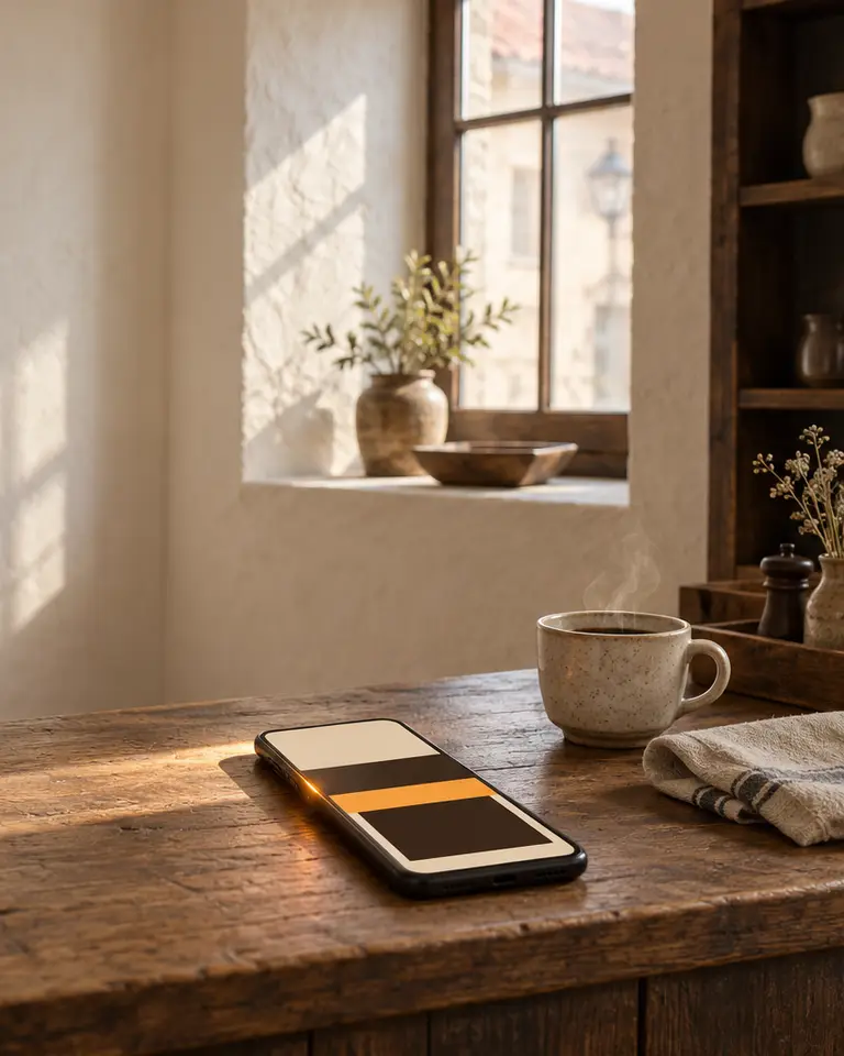 Ladentheke am Morgen, darauf ein Smartphone mit einer aufgeräumten Website.
