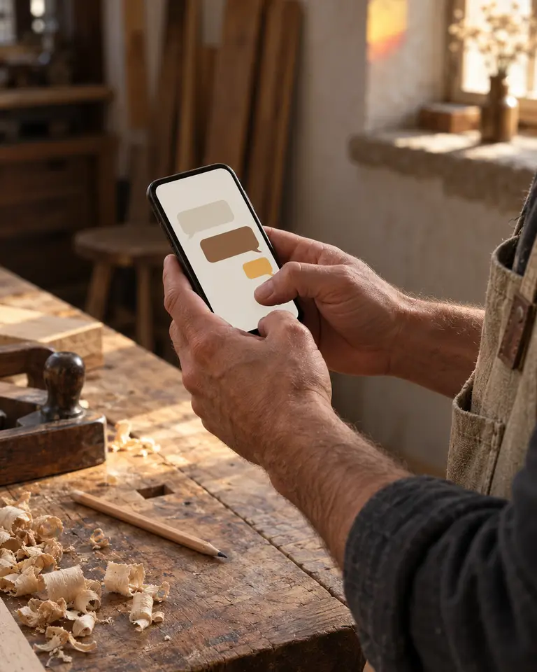 Ein Handwerker schreibt in der Werkstatt eine kurze Nachricht auf dem Smartphone.